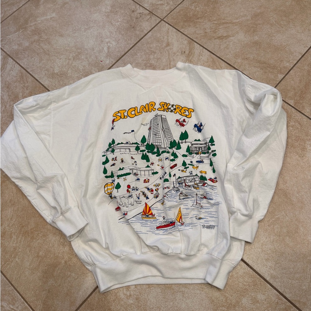 Vintage St. Clair Shores, Michigan Graphic White Sweater 1989 Made in USA